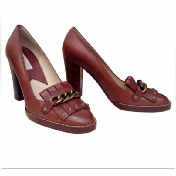 MICHAEL KORS Italy JANE Luggage Leather Designer High Heel Loafer Chain preppy - Picture 1 of 9
